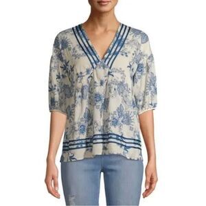 SUI by ANNA SUI Blue White Blouse Top V Neck Embroidered Size Small New NWT